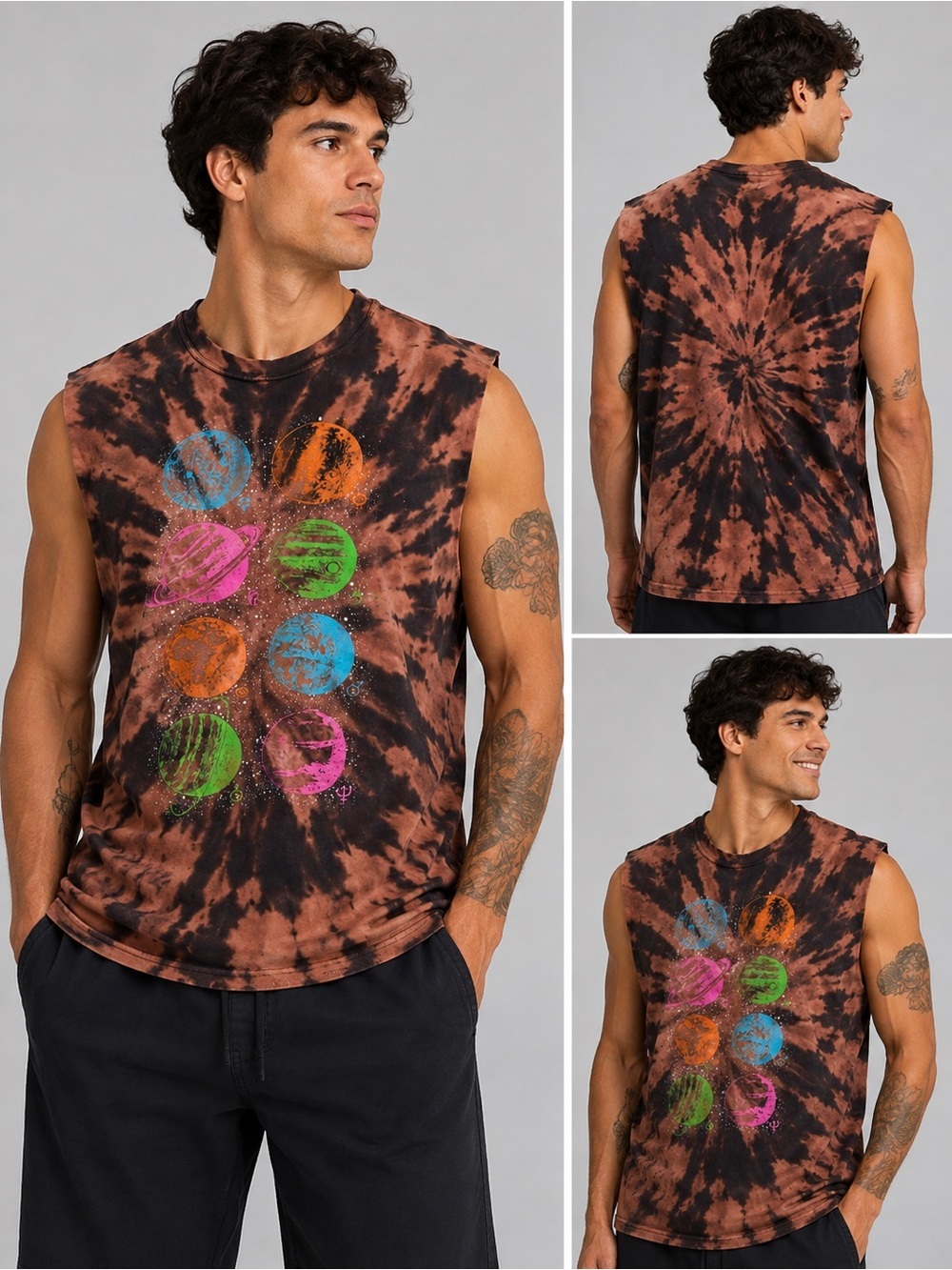 Men's Brown Tie-Dye Planet Graphic Muscle Tank XL